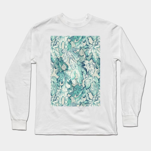 Fig Leaf Fancy - a pattern in teal and grey Long Sleeve T-Shirt by micklyn